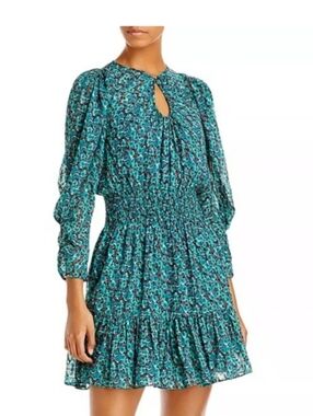Rebecca Taylor Silk Blend Teal Floral Keyhole Smocked Long-Sleeve Dress Sz-M